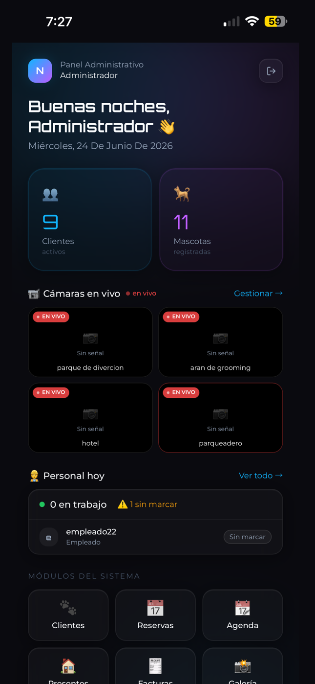 Panel administrativo: dashboard con clientes, cámaras en vivo y personal