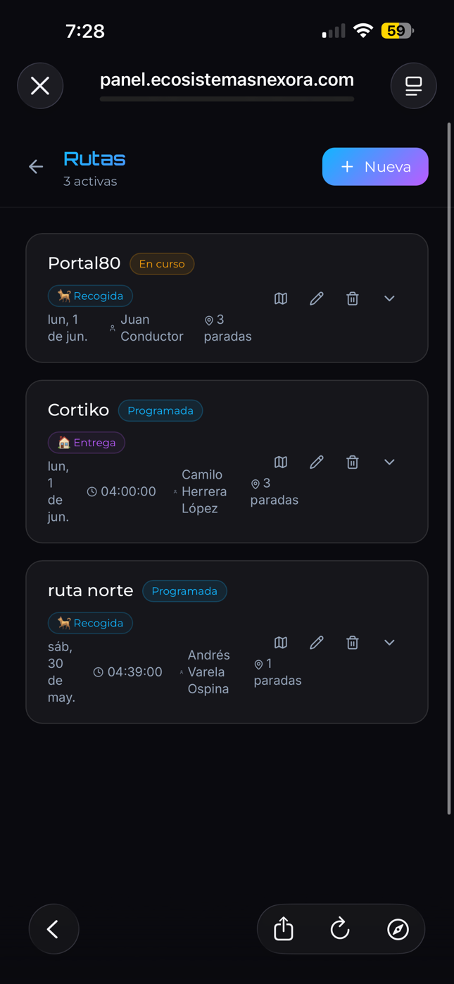 Rutas planificadas con conductor, paradas y zona